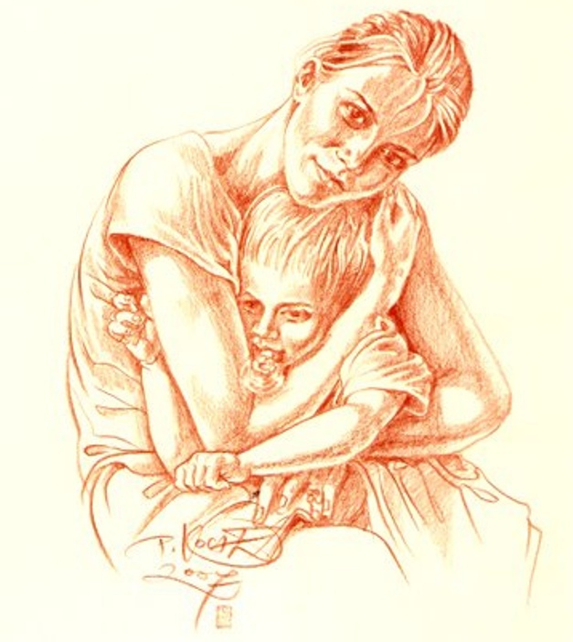 Парень обнимает девушку на кровати – Рисунок спящей влюбленной пары лежащей на кровати лицом друг к другу. Мужчина обнимает девушку за голову положив руку ей на волосы.